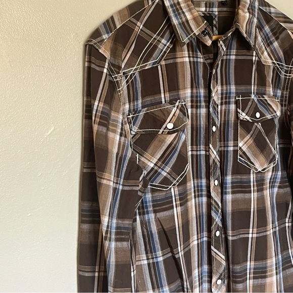 Various Artists Men’s Brown & Blue Plaid Western Button Up Shirt Size Medium - Picture 1 of 6